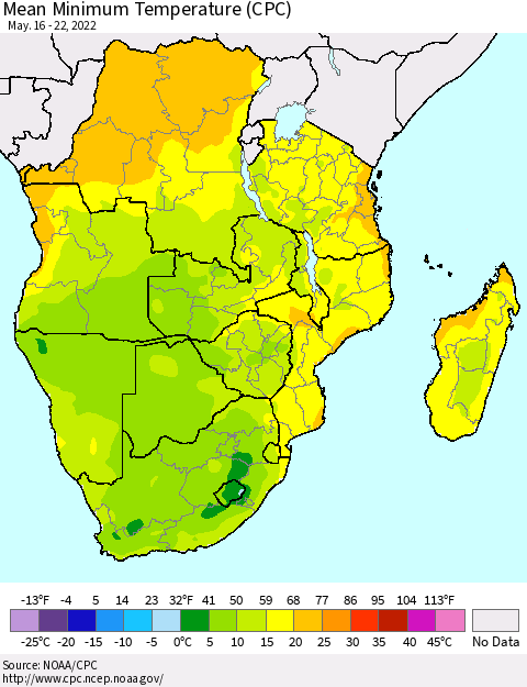 Southern Africa Mean Minimum Temperature (CPC) Thematic Map For 5/16/2022 - 5/22/2022