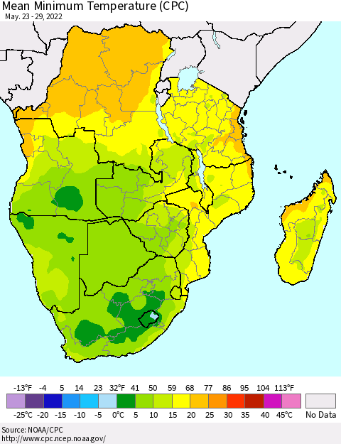 Southern Africa Mean Minimum Temperature (CPC) Thematic Map For 5/23/2022 - 5/29/2022