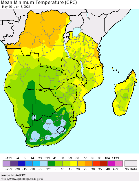 Southern Africa Mean Minimum Temperature (CPC) Thematic Map For 5/30/2022 - 6/5/2022