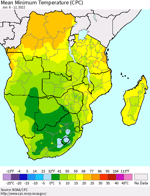 Southern Africa Mean Minimum Temperature (CPC) Thematic Map For 6/6/2022 - 6/12/2022
