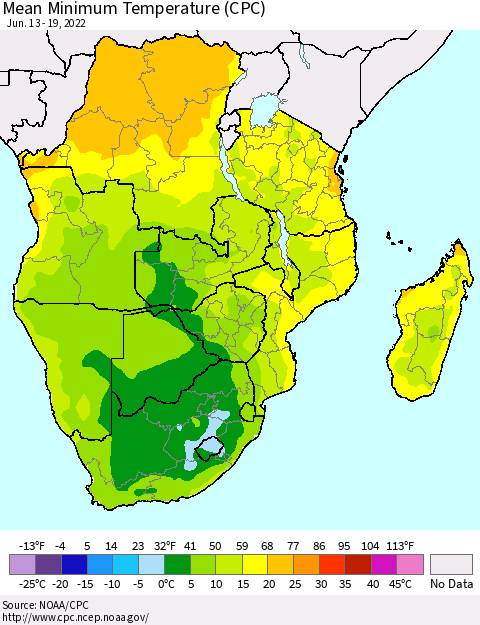 Southern Africa Mean Minimum Temperature (CPC) Thematic Map For 6/13/2022 - 6/19/2022