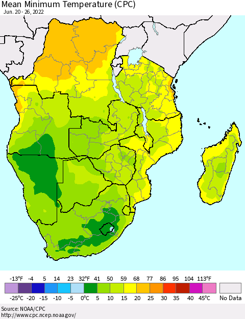 Southern Africa Mean Minimum Temperature (CPC) Thematic Map For 6/20/2022 - 6/26/2022