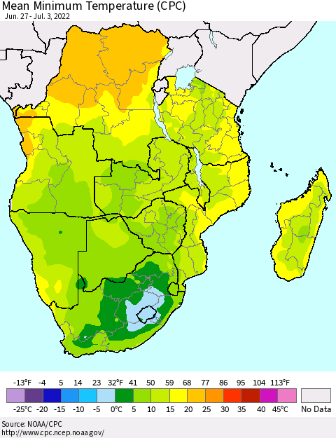 Southern Africa Mean Minimum Temperature (CPC) Thematic Map For 6/27/2022 - 7/3/2022