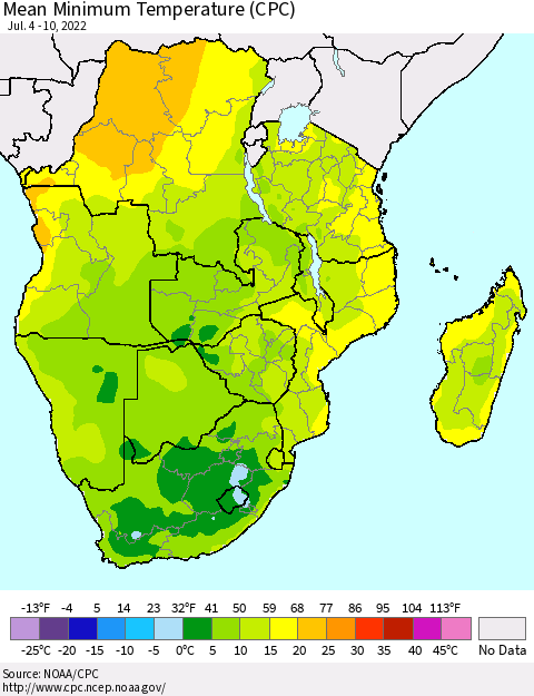 Southern Africa Mean Minimum Temperature (CPC) Thematic Map For 7/4/2022 - 7/10/2022
