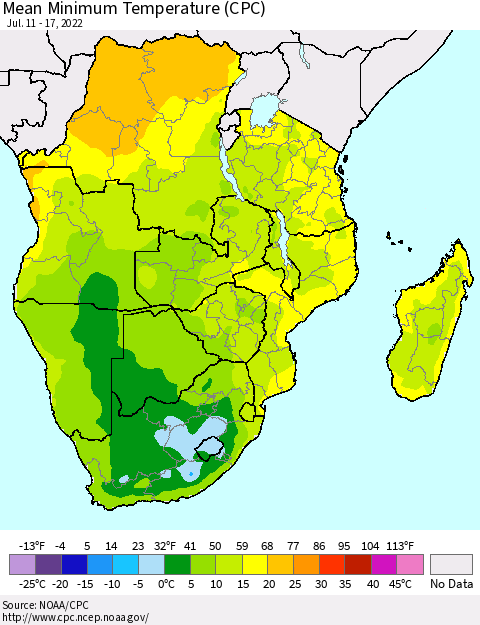 Southern Africa Mean Minimum Temperature (CPC) Thematic Map For 7/11/2022 - 7/17/2022