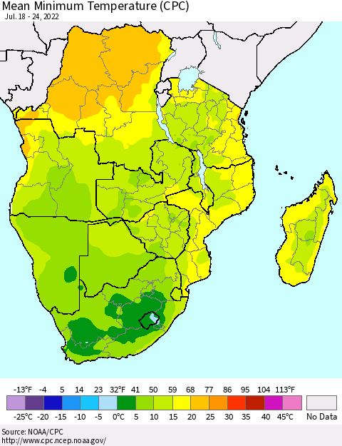 Southern Africa Mean Minimum Temperature (CPC) Thematic Map For 7/18/2022 - 7/24/2022