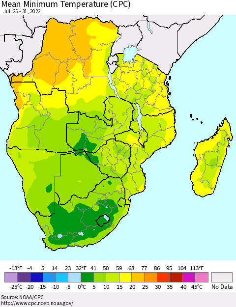 Southern Africa Mean Minimum Temperature (CPC) Thematic Map For 7/25/2022 - 7/31/2022