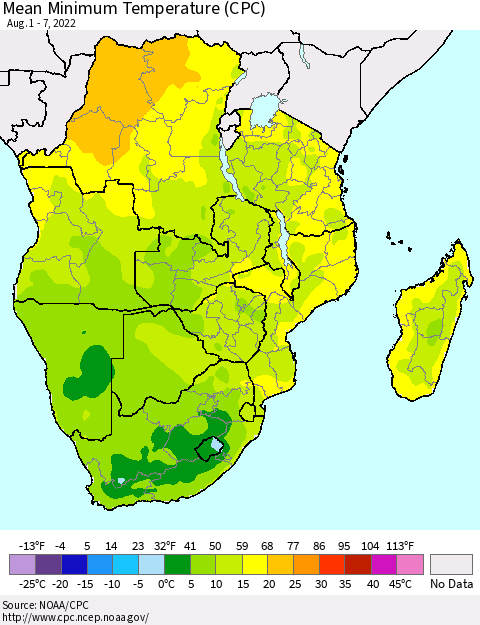 Southern Africa Mean Minimum Temperature (CPC) Thematic Map For 8/1/2022 - 8/7/2022