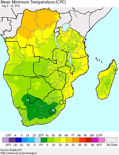 Southern Africa Mean Minimum Temperature (CPC) Thematic Map For 8/8/2022 - 8/14/2022