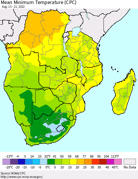 Southern Africa Mean Minimum Temperature (CPC) Thematic Map For 8/15/2022 - 8/21/2022