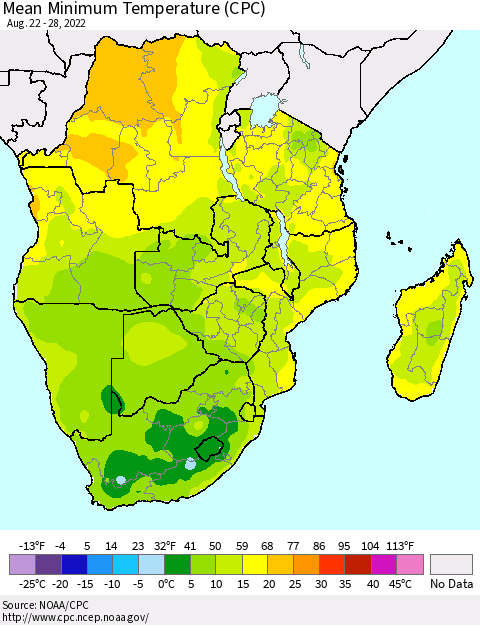 Southern Africa Mean Minimum Temperature (CPC) Thematic Map For 8/22/2022 - 8/28/2022