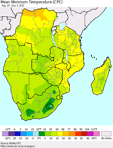 Southern Africa Mean Minimum Temperature (CPC) Thematic Map For 8/29/2022 - 9/4/2022