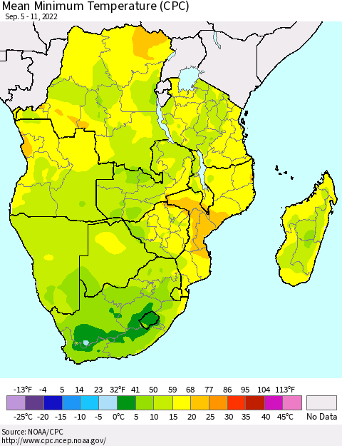 Southern Africa Mean Minimum Temperature (CPC) Thematic Map For 9/5/2022 - 9/11/2022