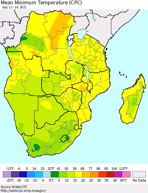 Southern Africa Mean Minimum Temperature (CPC) Thematic Map For 9/12/2022 - 9/18/2022