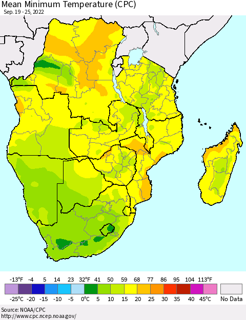 Southern Africa Mean Minimum Temperature (CPC) Thematic Map For 9/19/2022 - 9/25/2022