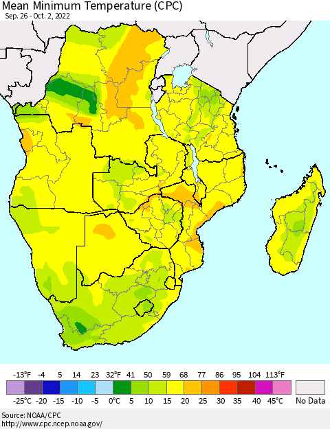 Southern Africa Mean Minimum Temperature (CPC) Thematic Map For 9/26/2022 - 10/2/2022