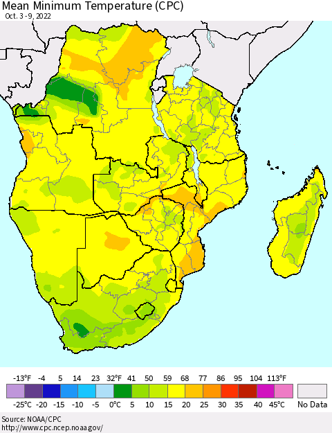 Southern Africa Mean Minimum Temperature (CPC) Thematic Map For 10/3/2022 - 10/9/2022