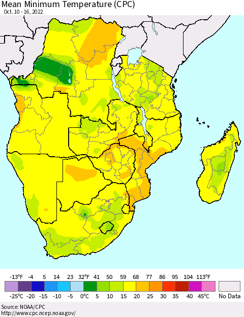 Southern Africa Mean Minimum Temperature (CPC) Thematic Map For 10/10/2022 - 10/16/2022