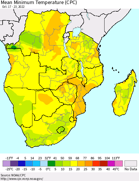 Southern Africa Mean Minimum Temperature (CPC) Thematic Map For 10/17/2022 - 10/23/2022