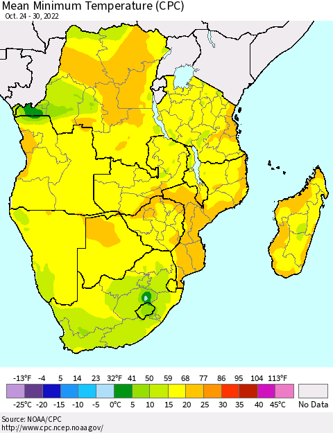 Southern Africa Mean Minimum Temperature (CPC) Thematic Map For 10/24/2022 - 10/30/2022