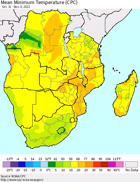 Southern Africa Mean Minimum Temperature (CPC) Thematic Map For 10/31/2022 - 11/6/2022