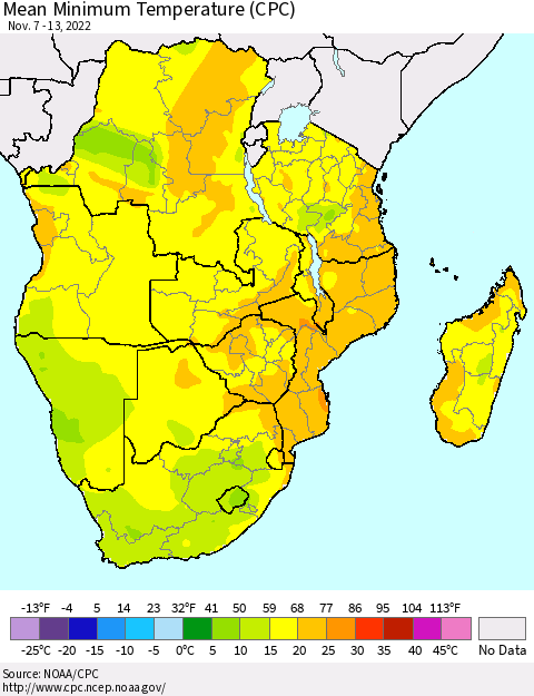 Southern Africa Mean Minimum Temperature (CPC) Thematic Map For 11/7/2022 - 11/13/2022