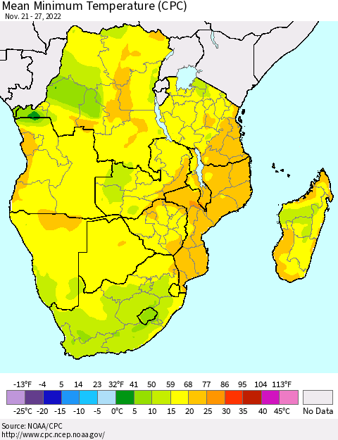 Southern Africa Mean Minimum Temperature (CPC) Thematic Map For 11/21/2022 - 11/27/2022