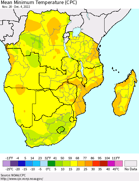 Southern Africa Mean Minimum Temperature (CPC) Thematic Map For 11/28/2022 - 12/4/2022