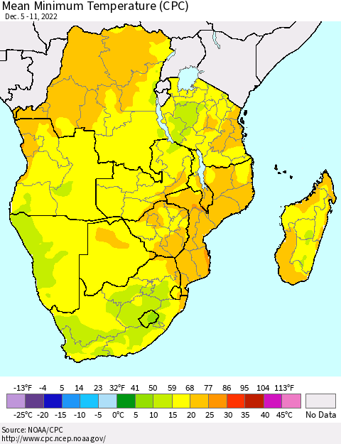 Southern Africa Mean Minimum Temperature (CPC) Thematic Map For 12/5/2022 - 12/11/2022