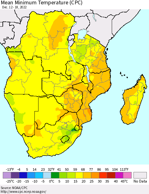 Southern Africa Mean Minimum Temperature (CPC) Thematic Map For 12/12/2022 - 12/18/2022
