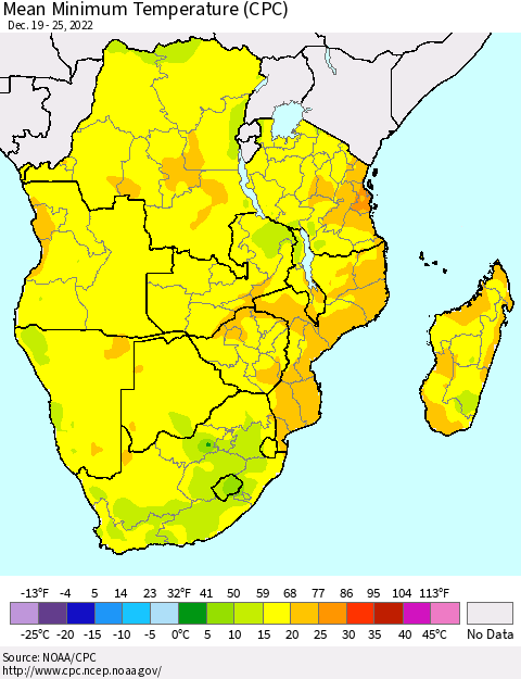 Southern Africa Mean Minimum Temperature (CPC) Thematic Map For 12/19/2022 - 12/25/2022
