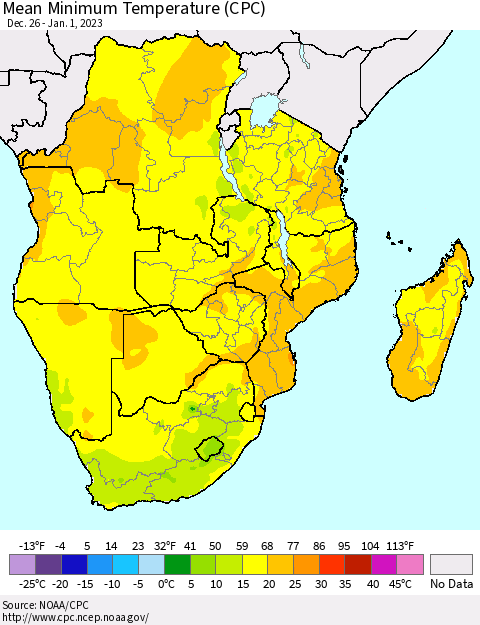 Southern Africa Mean Minimum Temperature (CPC) Thematic Map For 12/26/2022 - 1/1/2023