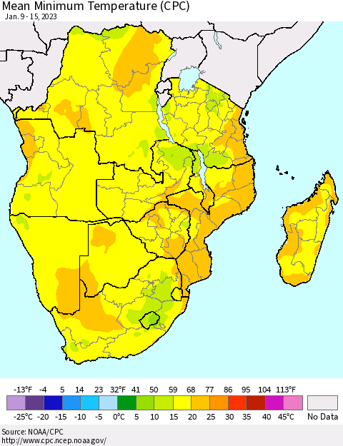 Southern Africa Mean Minimum Temperature (CPC) Thematic Map For 1/9/2023 - 1/15/2023