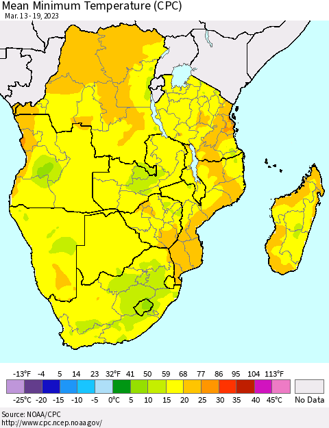 Southern Africa Mean Minimum Temperature (CPC) Thematic Map For 3/13/2023 - 3/19/2023