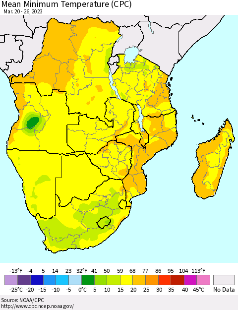 Southern Africa Mean Minimum Temperature (CPC) Thematic Map For 3/20/2023 - 3/26/2023