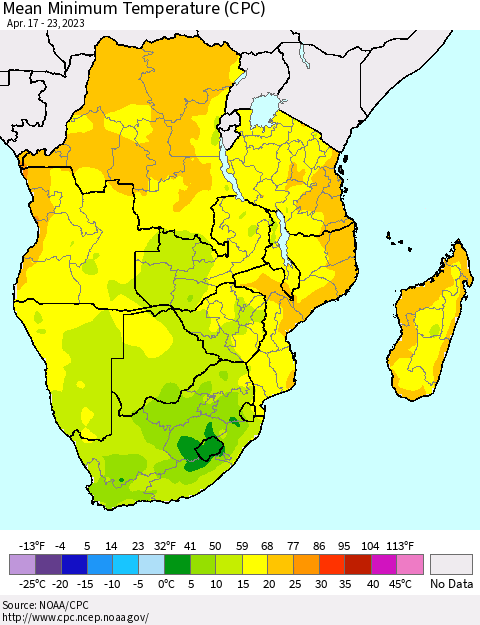 Southern Africa Mean Minimum Temperature (CPC) Thematic Map For 4/17/2023 - 4/23/2023