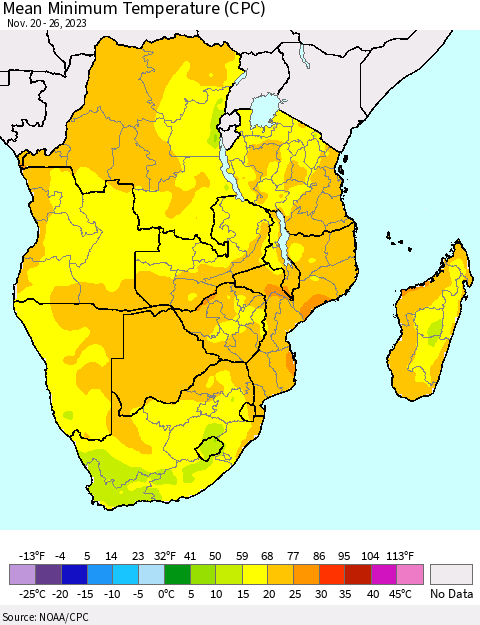 Southern Africa Mean Minimum Temperature (CPC) Thematic Map For 11/20/2023 - 11/26/2023