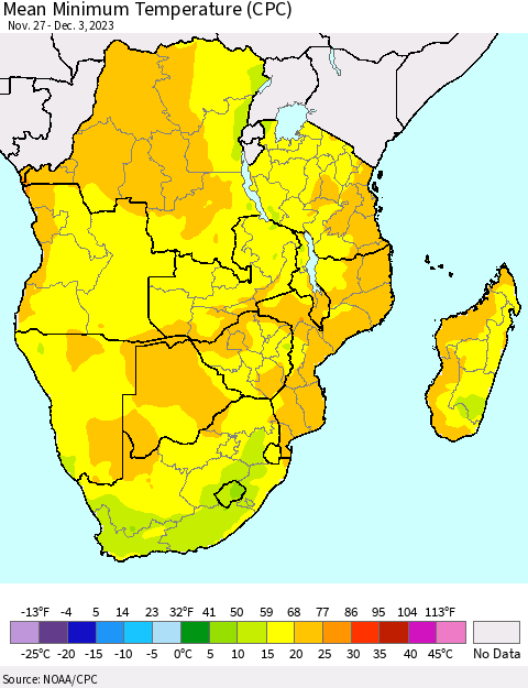 Southern Africa Mean Minimum Temperature (CPC) Thematic Map For 11/27/2023 - 12/3/2023
