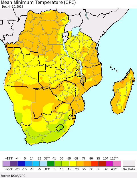 Southern Africa Mean Minimum Temperature (CPC) Thematic Map For 12/4/2023 - 12/10/2023