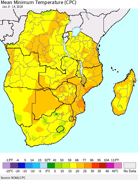 Southern Africa Mean Minimum Temperature (CPC) Thematic Map For 1/8/2024 - 1/14/2024