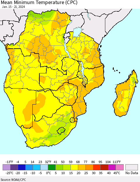 Southern Africa Mean Minimum Temperature (CPC) Thematic Map For 1/15/2024 - 1/21/2024