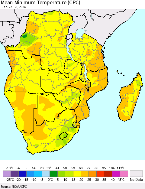 Southern Africa Mean Minimum Temperature (CPC) Thematic Map For 1/22/2024 - 1/28/2024