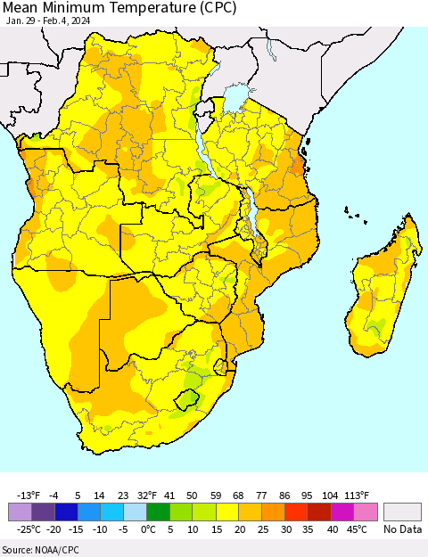 Southern Africa Mean Minimum Temperature (CPC) Thematic Map For 1/29/2024 - 2/4/2024