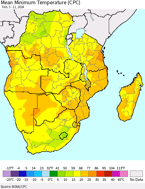 Southern Africa Mean Minimum Temperature (CPC) Thematic Map For 2/5/2024 - 2/11/2024