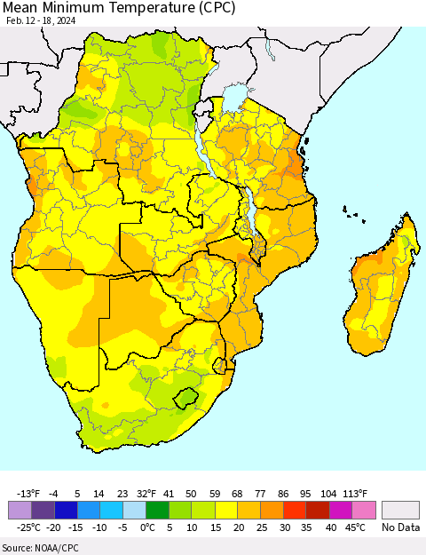 Southern Africa Mean Minimum Temperature (CPC) Thematic Map For 2/12/2024 - 2/18/2024