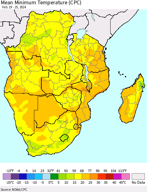 Southern Africa Mean Minimum Temperature (CPC) Thematic Map For 2/19/2024 - 2/25/2024