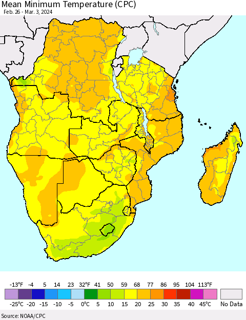 Southern Africa Mean Minimum Temperature (CPC) Thematic Map For 2/26/2024 - 3/3/2024