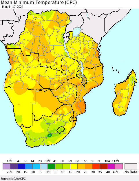 Southern Africa Mean Minimum Temperature (CPC) Thematic Map For 3/4/2024 - 3/10/2024