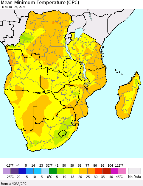Southern Africa Mean Minimum Temperature (CPC) Thematic Map For 3/18/2024 - 3/24/2024