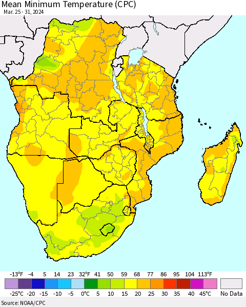 Southern Africa Mean Minimum Temperature (CPC) Thematic Map For 3/25/2024 - 3/31/2024